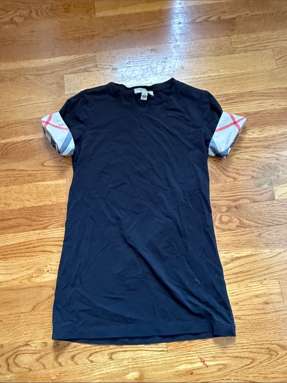Burberry Black Short Sleeve Tee with Beige Check Cuff Detail